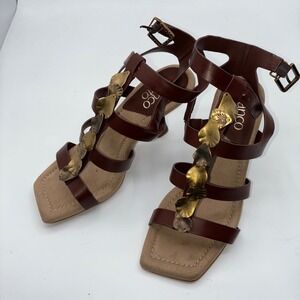 Franco Sarto L-Rine‎ Womens 6.5 Brown Leather Gladiator Heels Gold Leaf Party